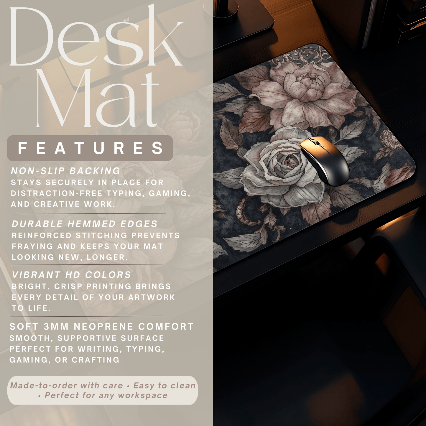 Vintage Floral Roses Desk Mat | Dark Botanical Mouse Pad - EternalAscension