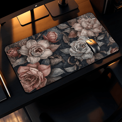 Vintage Floral Roses Desk Mat | Dark Botanical Mouse Pad - EternalAscension