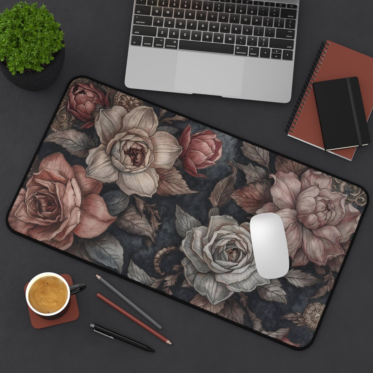 Vintage Floral Roses Desk Mat | Dark Botanical Mouse Pad - EternalAscension