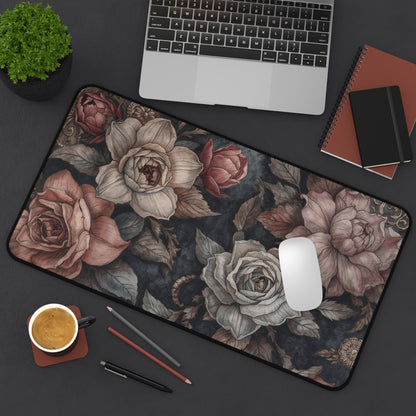 Vintage Floral Roses Desk Mat | Dark Botanical Mouse Pad - EternalAscension