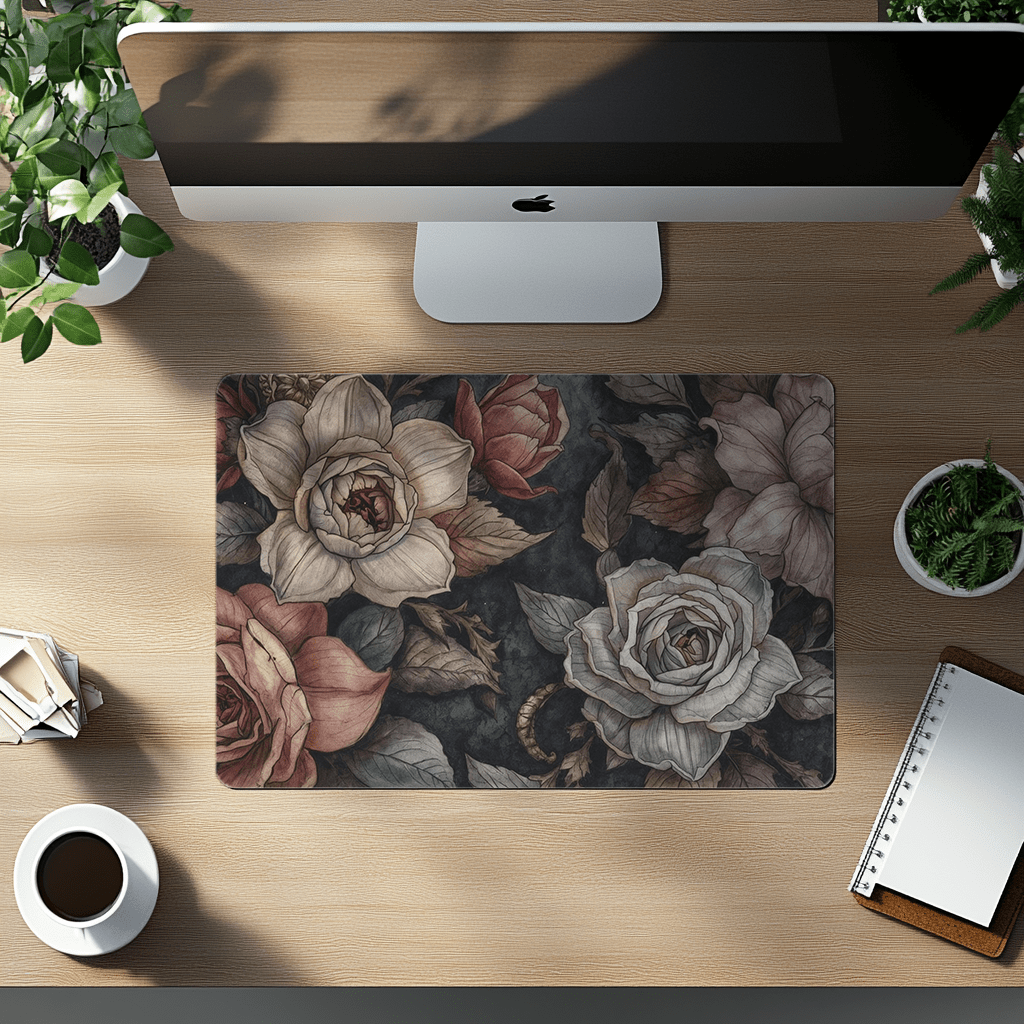 Vintage Floral Roses Desk Mat | Dark Botanical Mouse Pad - EternalAscension