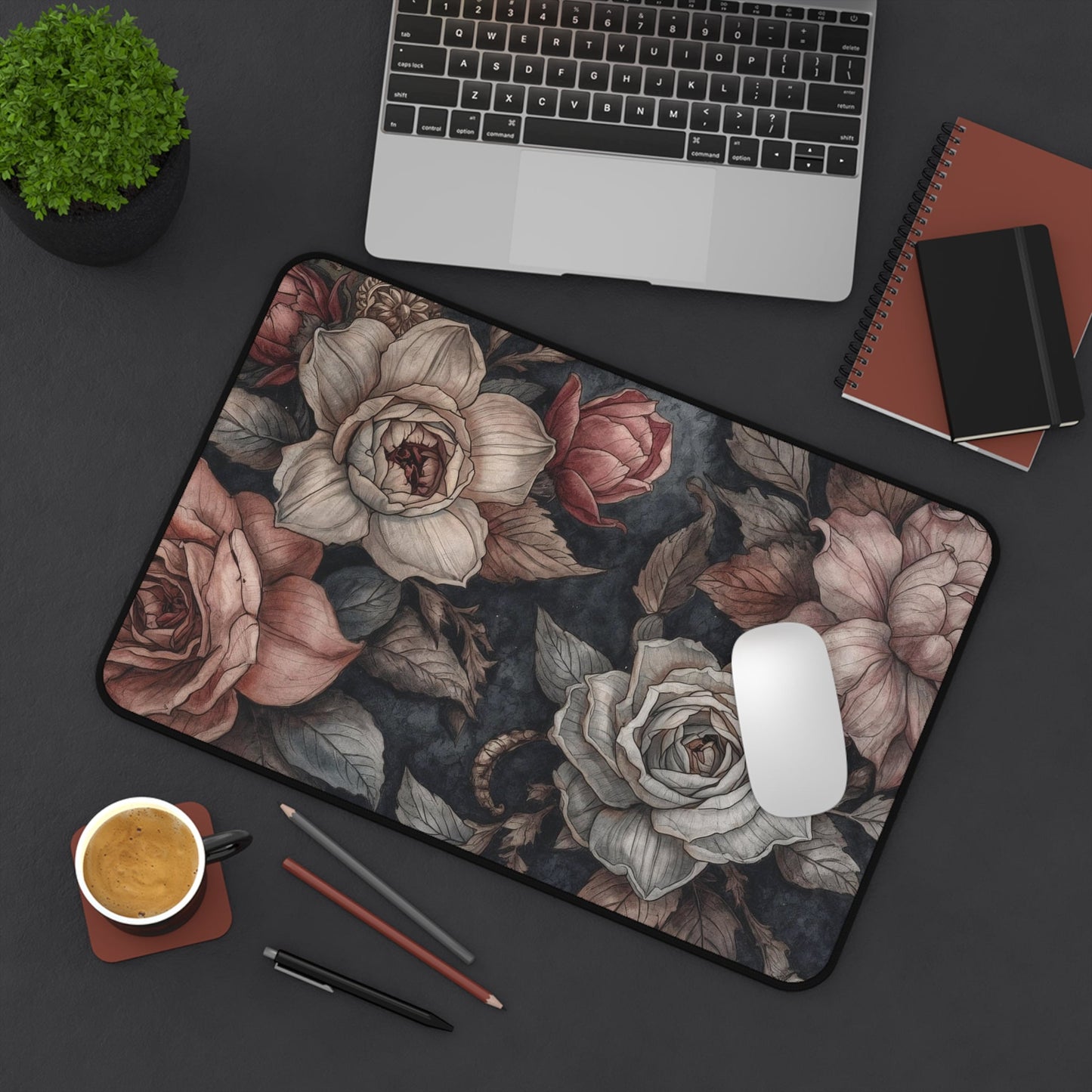 Vintage Floral Roses Desk Mat | Dark Botanical Mouse Pad - EternalAscension