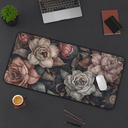 Vintage Floral Roses Desk Mat | Dark Botanical Mouse Pad - EternalAscension