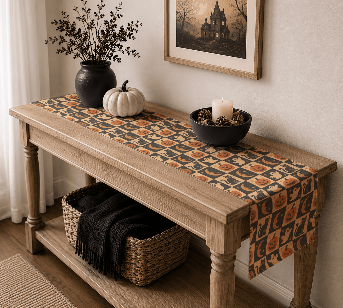 Vintage Halloween Icons table runner | ghosts pumpkins moons cats - EternalAscension