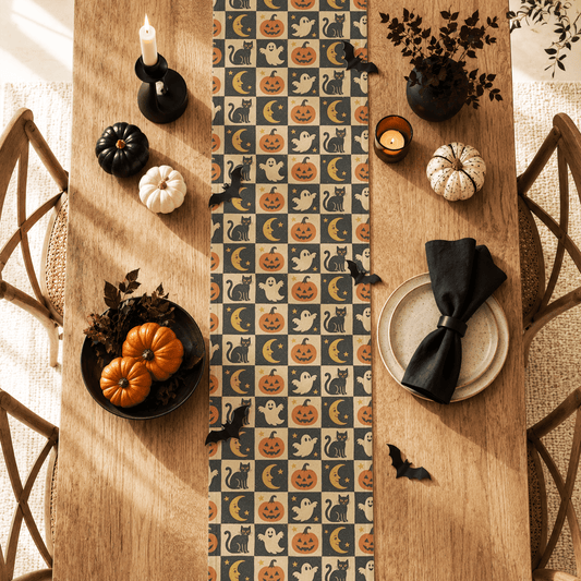 Vintage Halloween Icons table runner | ghosts pumpkins moons cats - EternalAscension