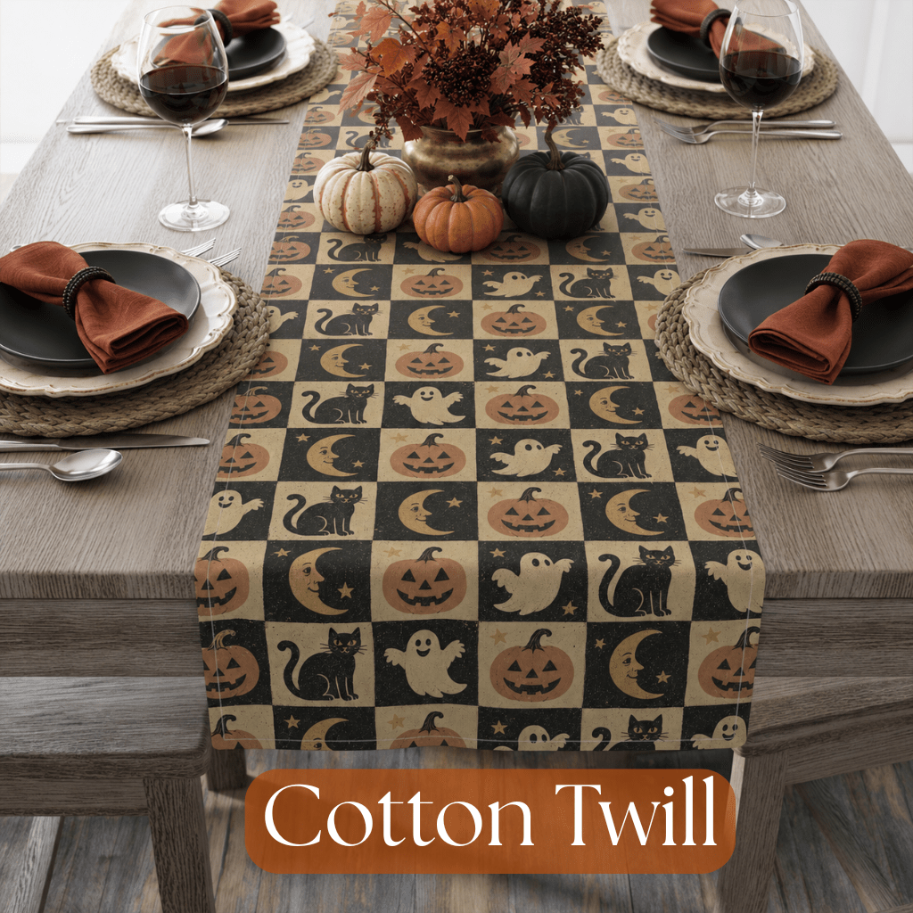 Vintage Halloween Icons table runner | ghosts pumpkins moons cats - EternalAscension