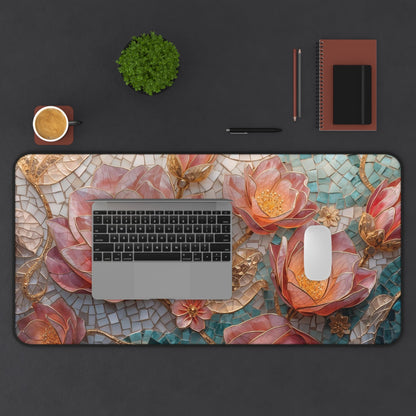 Vintage Mosaic Pink Lotus Desk Mat | Floral Mouse Pad - EternalAscension