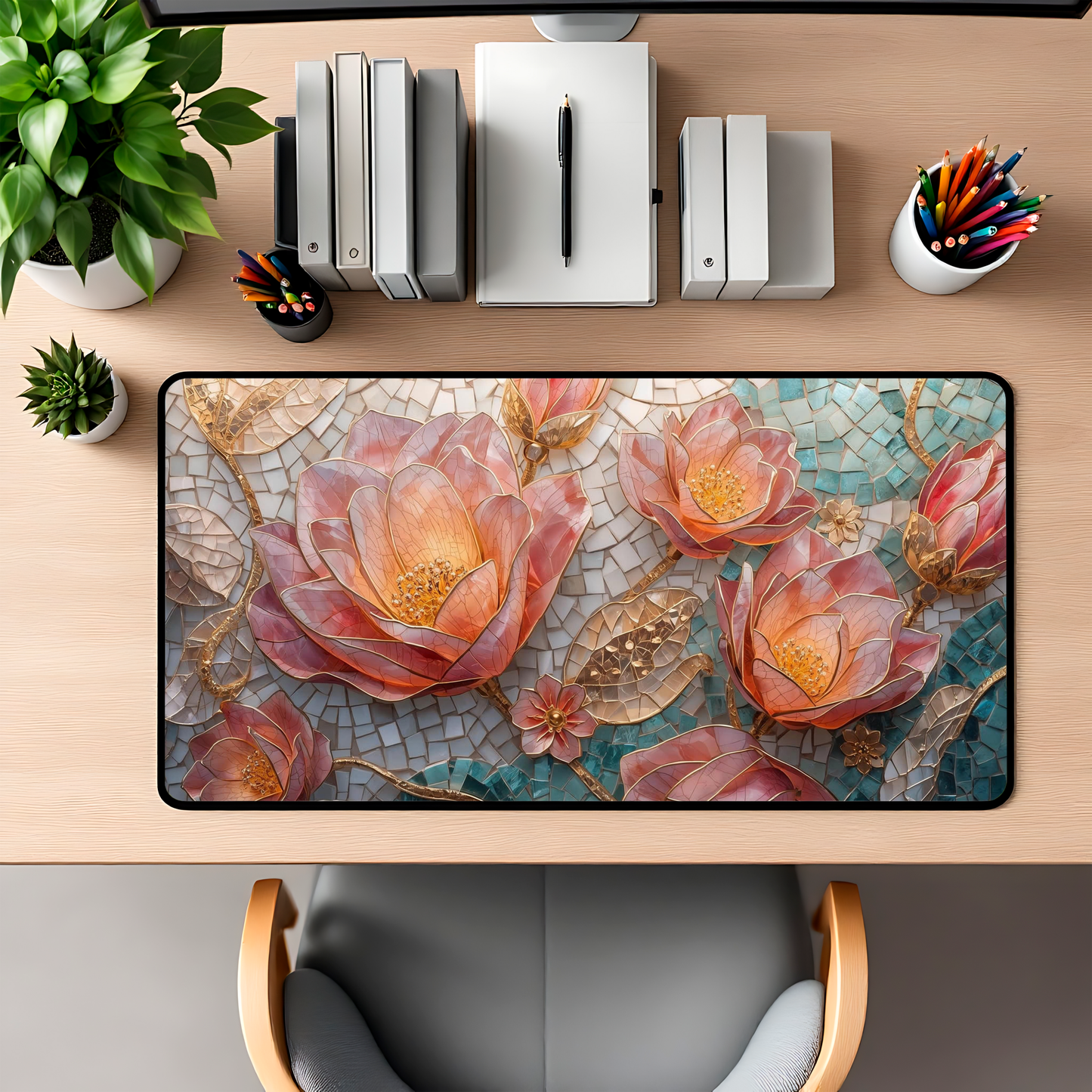 Vintage Mosaic Pink Lotus Desk Mat | Floral Mouse Pad - EternalAscension