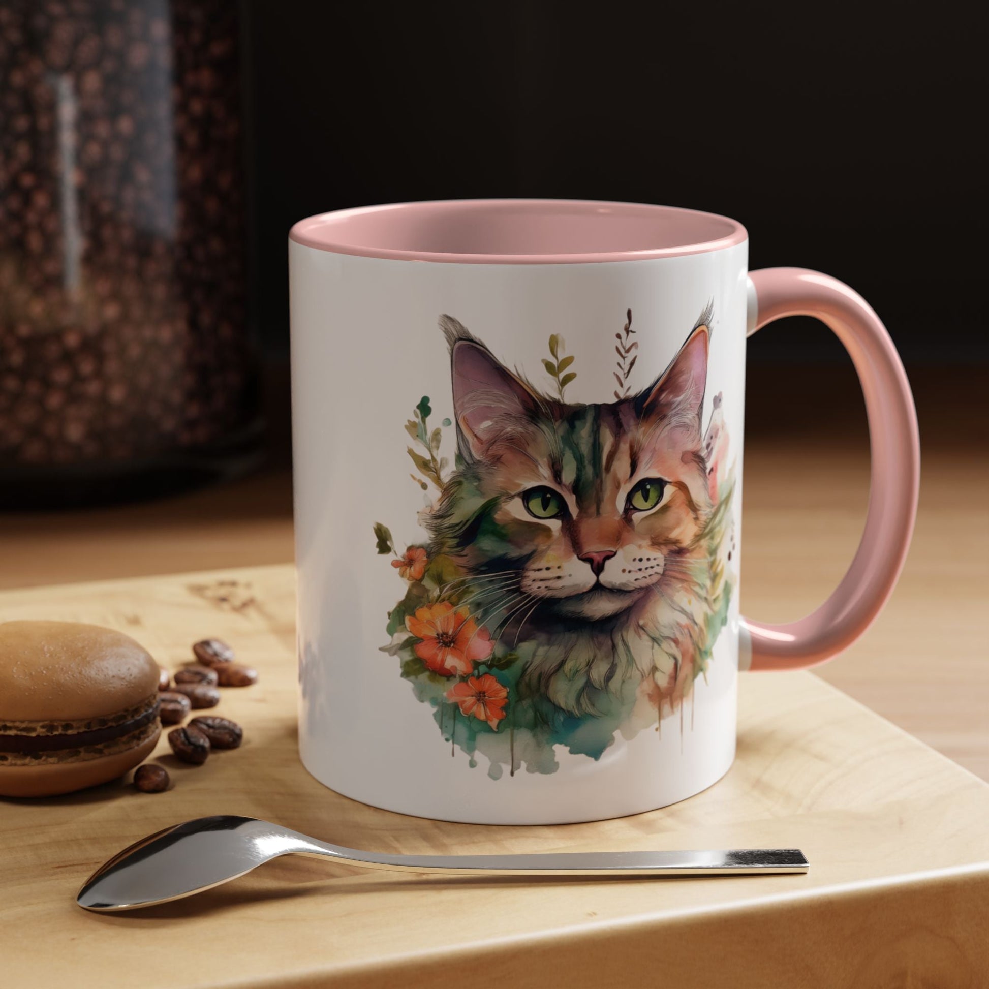 Watercolor Cat Face Accent Coffee Mug (11, 15oz) - Green Eyes, Floral Design, Ceramic, Glossy Finish, BPA Free, Cat Lover Gift, Tea Cup - EternalAscension