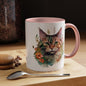 Watercolor Cat Face Accent Coffee Mug (11, 15oz) - Green Eyes, Floral Design, Ceramic, Glossy Finish, BPA Free, Cat Lover Gift, Tea Cup - EternalAscension