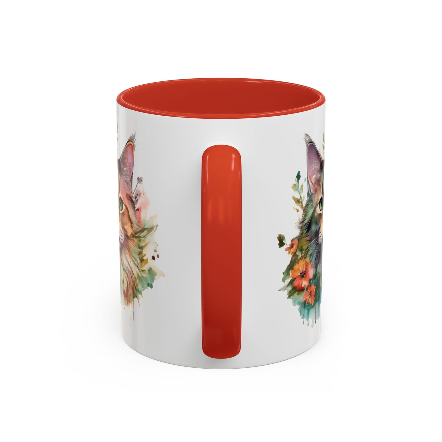 Watercolor Cat Face Accent Coffee Mug (11, 15oz) - Green Eyes, Floral Design, Ceramic, Glossy Finish, BPA Free, Cat Lover Gift, Tea Cup - EternalAscension