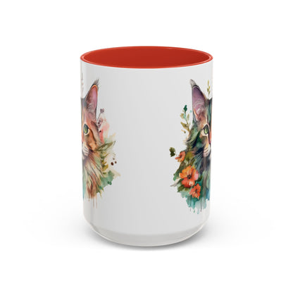 Watercolor Cat Face Accent Coffee Mug (11, 15oz) - Green Eyes, Floral Design, Ceramic, Glossy Finish, BPA Free, Cat Lover Gift, Tea Cup - EternalAscension