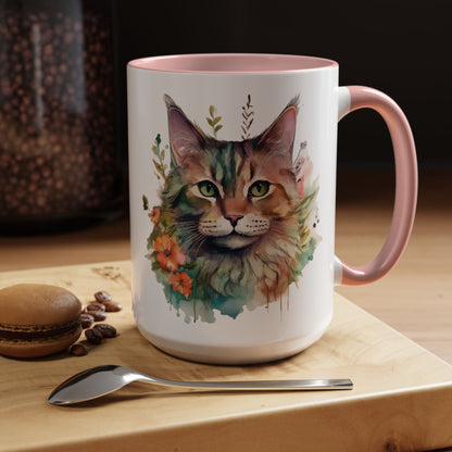 Watercolor Cat Face Accent Coffee Mug (11, 15oz) - Green Eyes, Floral Design, Ceramic, Glossy Finish, BPA Free, Cat Lover Gift, Tea Cup - EternalAscension