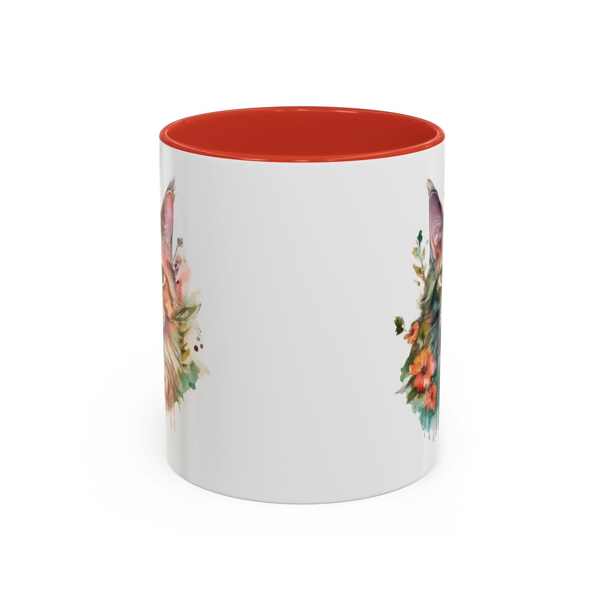 Watercolor Cat Face Accent Coffee Mug (11, 15oz) - Green Eyes, Floral Design, Ceramic, Glossy Finish, BPA Free, Cat Lover Gift, Tea Cup - EternalAscension