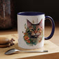 Watercolor Cat Face Accent Coffee Mug (11, 15oz) - Green Eyes, Floral Design, Ceramic, Glossy Finish, BPA Free, Cat Lover Gift, Tea Cup - EternalAscension