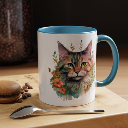 Watercolor Cat Face Accent Coffee Mug (11, 15oz) - Green Eyes, Floral Design, Ceramic, Glossy Finish, BPA Free, Cat Lover Gift, Tea Cup - EternalAscension