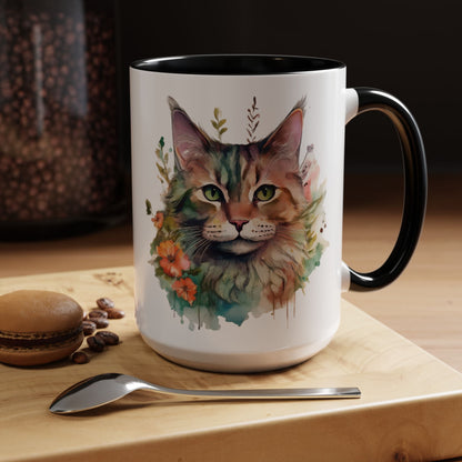 Watercolor Cat Face Accent Coffee Mug (11, 15oz) - Green Eyes, Floral Design, Ceramic, Glossy Finish, BPA Free, Cat Lover Gift, Tea Cup - EternalAscension