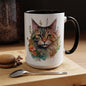 Watercolor Cat Face Accent Coffee Mug (11, 15oz) - Green Eyes, Floral Design, Ceramic, Glossy Finish, BPA Free, Cat Lover Gift, Tea Cup - EternalAscension
