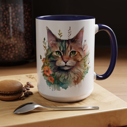 Watercolor Cat Face Accent Coffee Mug (11, 15oz) - Green Eyes, Floral Design, Ceramic, Glossy Finish, BPA Free, Cat Lover Gift, Tea Cup - EternalAscension