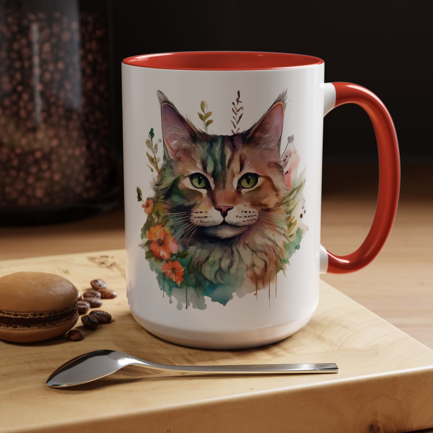 Watercolor Cat Face Accent Coffee Mug (11, 15oz) - Green Eyes, Floral Design, Ceramic, Glossy Finish, BPA Free, Cat Lover Gift, Tea Cup - EternalAscension