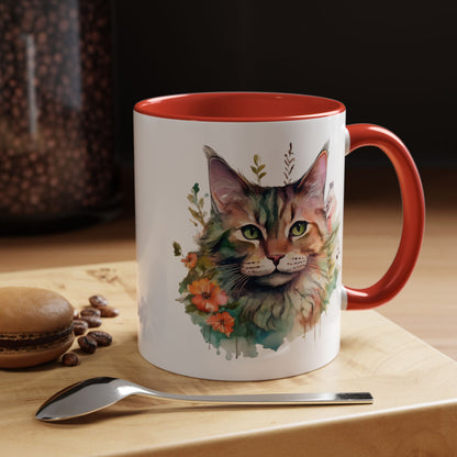 Watercolor Cat Face Accent Coffee Mug (11, 15oz) - Green Eyes, Floral Design, Ceramic, Glossy Finish, BPA Free, Cat Lover Gift, Tea Cup - EternalAscension