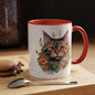 Watercolor Cat Face Accent Coffee Mug (11, 15oz) - Green Eyes, Floral Design, Ceramic, Glossy Finish, BPA Free, Cat Lover Gift, Tea Cup - EternalAscension