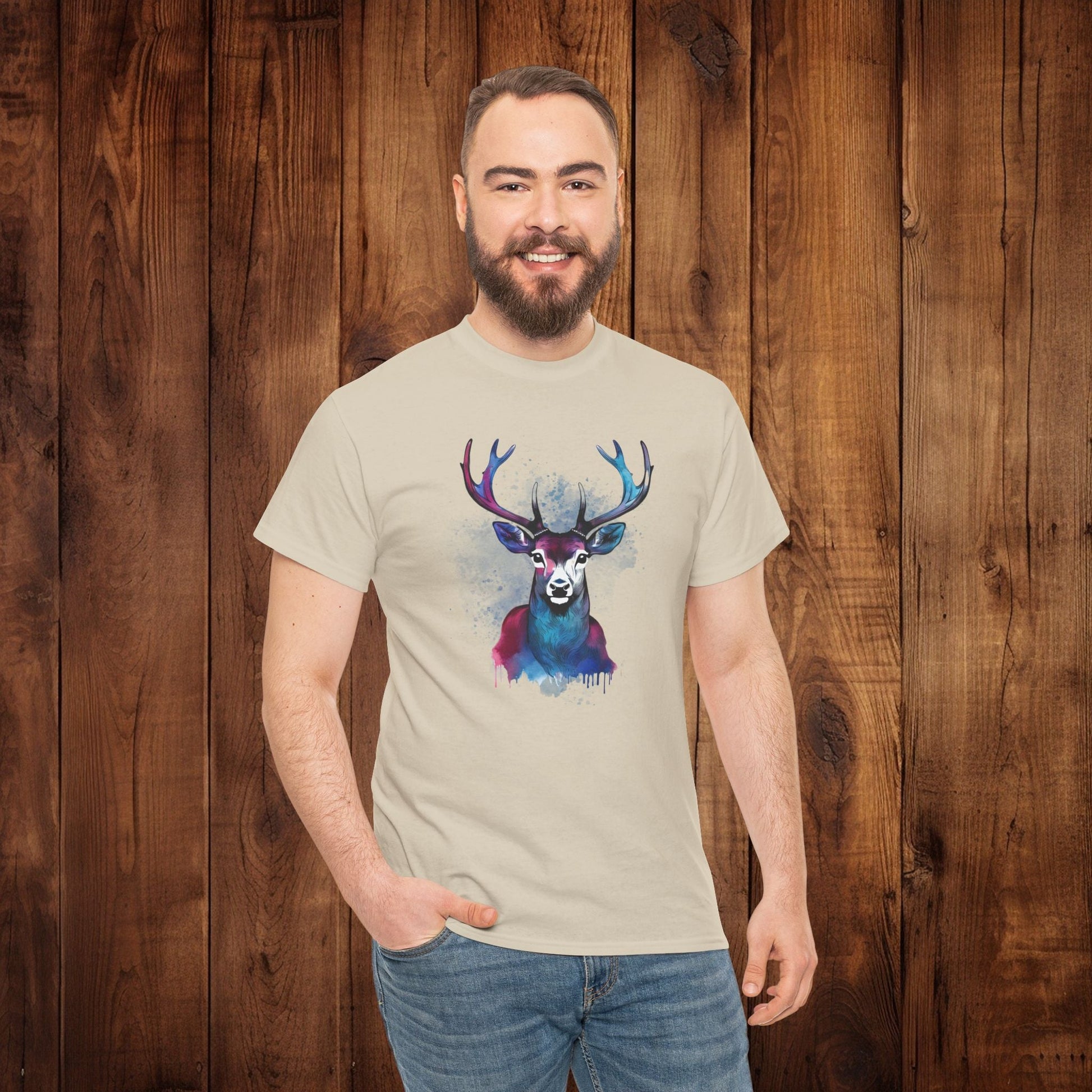Watercolor Deer Artistic Tee, Nature Lover's T-shirt, Stylized Deer Head Shirt, Wildlife Graphic Tee, Vibrant Blue Purple Tee, Casual - EternalAscension