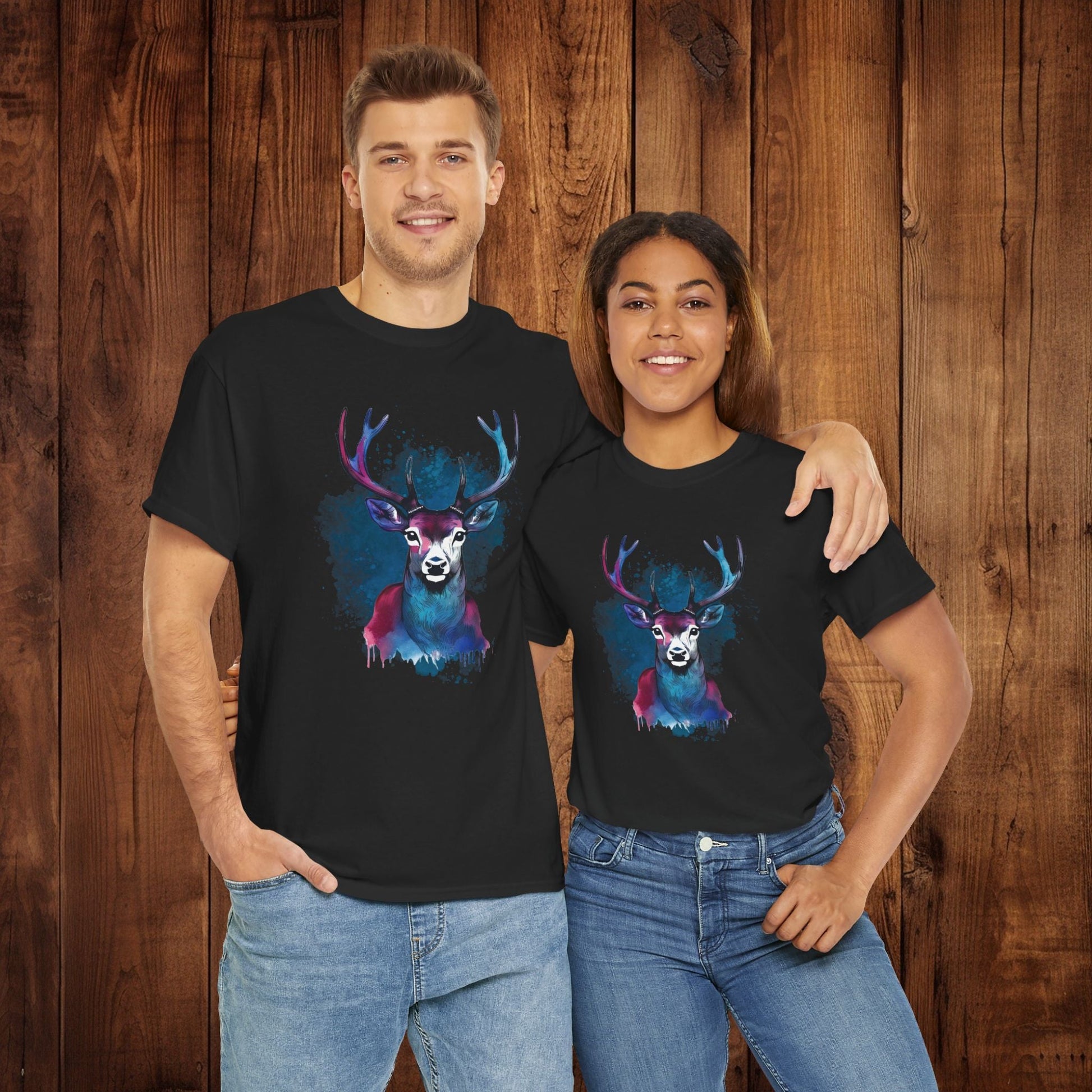 Watercolor Deer Artistic Tee, Nature Lover's T-shirt, Stylized Deer Head Shirt, Wildlife Graphic Tee, Vibrant Blue Purple Tee, Casual - EternalAscension