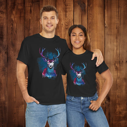 Watercolor Deer Artistic Tee, Nature Lover's T-shirt, Stylized Deer Head Shirt, Wildlife Graphic Tee, Vibrant Blue Purple Tee, Casual - EternalAscension