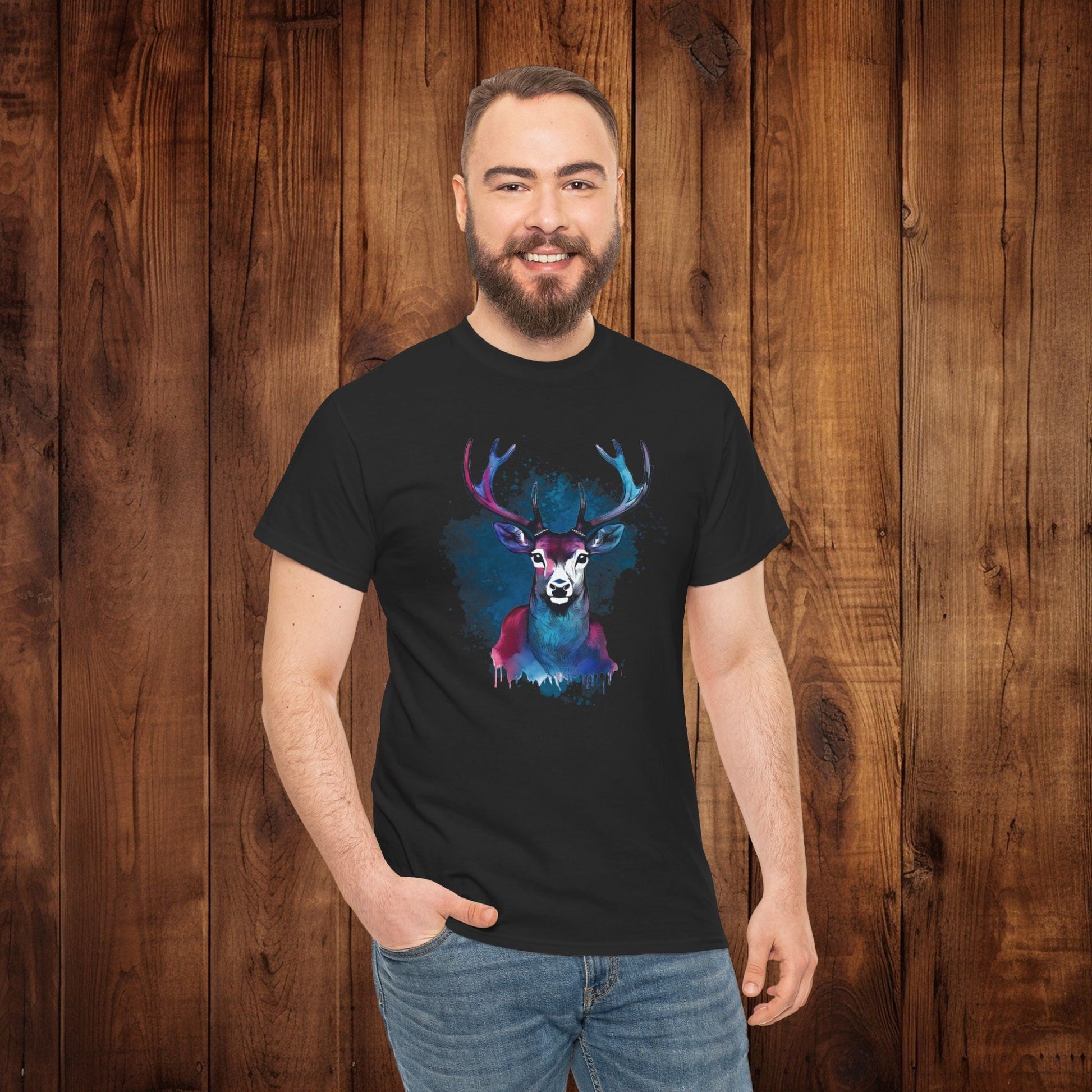Watercolor Deer Artistic Tee, Nature Lover's T-shirt, Stylized Deer Head Shirt, Wildlife Graphic Tee, Vibrant Blue Purple Tee, Casual - EternalAscension