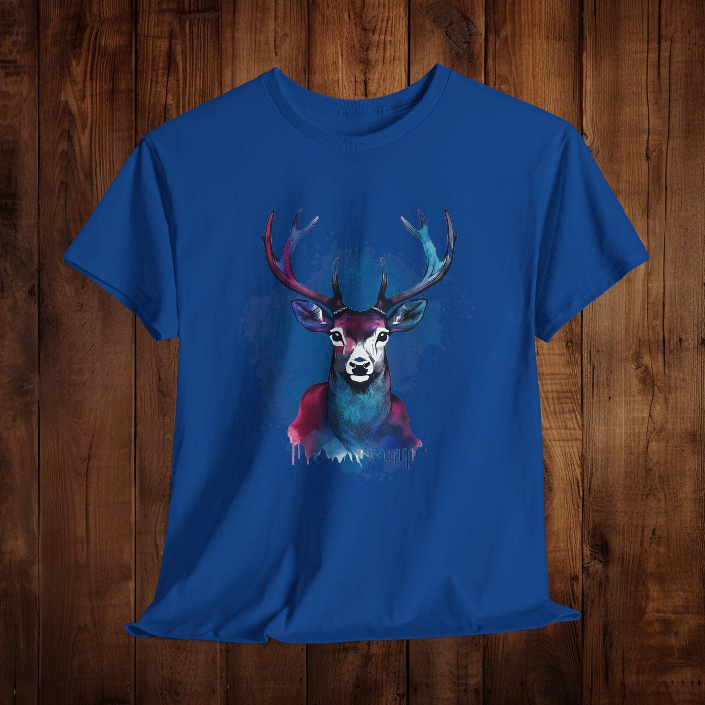 Watercolor Deer Artistic Tee, Nature Lover's T-shirt, Stylized Deer Head Shirt, Wildlife Graphic Tee, Vibrant Blue Purple Tee, Casual - EternalAscension