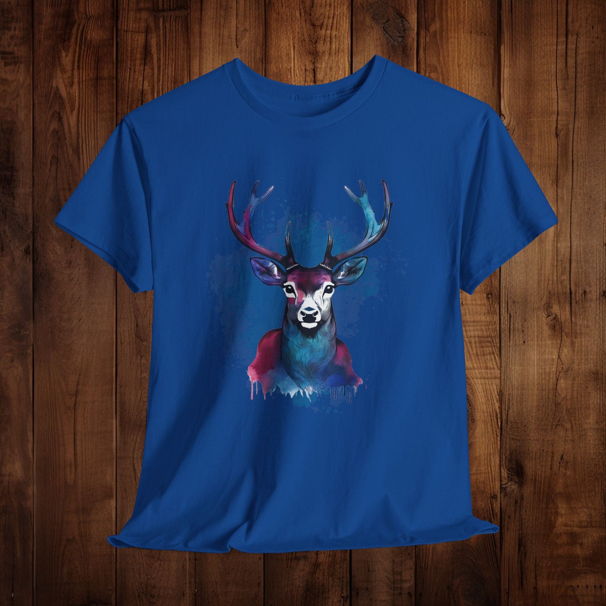 Watercolor Deer Artistic Tee, Nature Lover's T-shirt, Stylized Deer Head Shirt, Wildlife Graphic Tee, Vibrant Blue Purple Tee, Casual - EternalAscension
