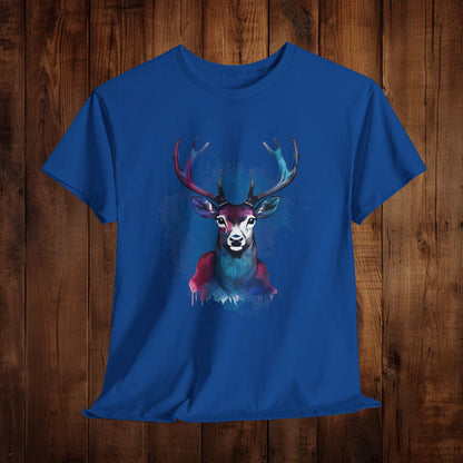 Watercolor Deer Artistic Tee, Nature Lover's T-shirt, Stylized Deer Head Shirt, Wildlife Graphic Tee, Vibrant Blue Purple Tee, Casual - EternalAscension