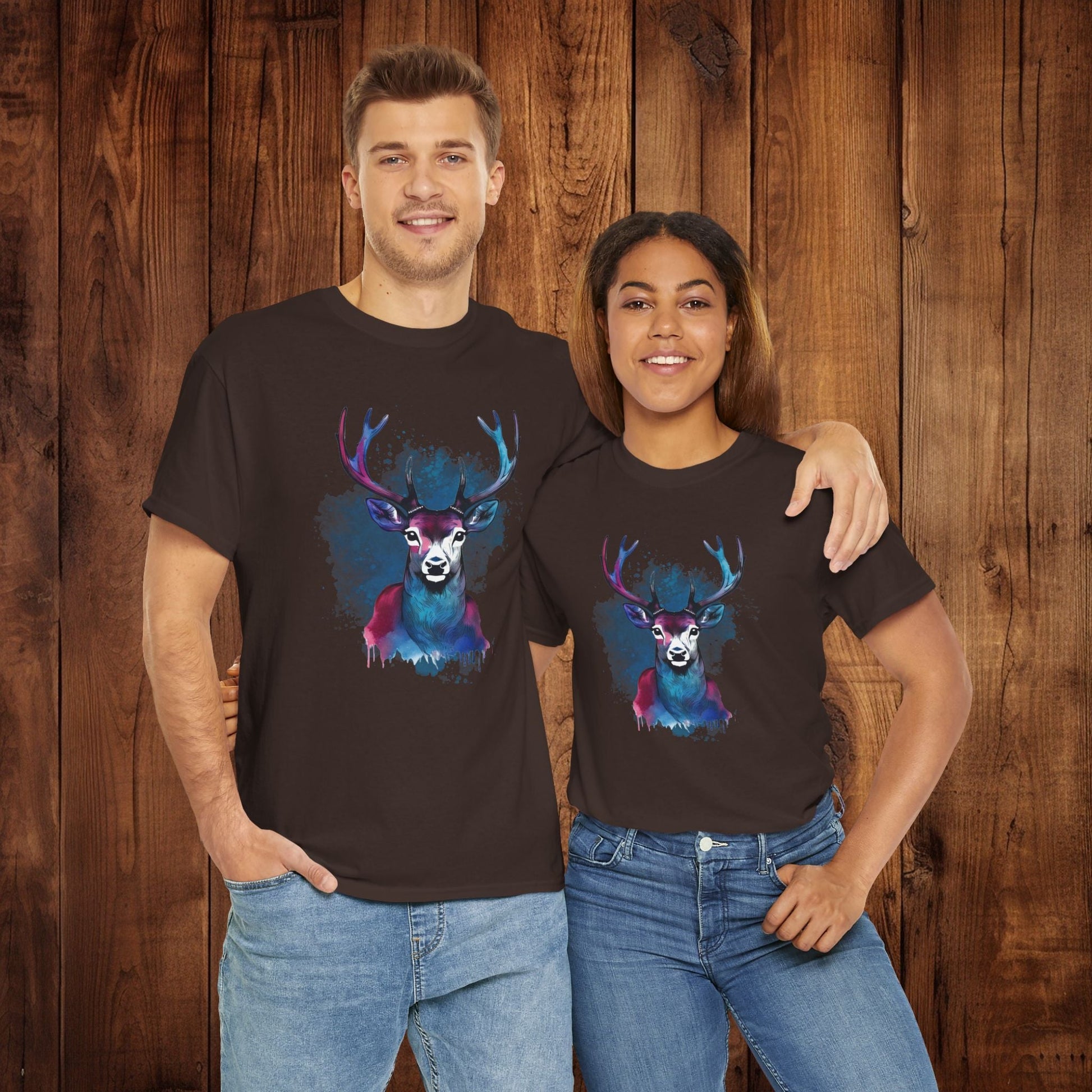 Watercolor Deer Artistic Tee, Nature Lover's T-shirt, Stylized Deer Head Shirt, Wildlife Graphic Tee, Vibrant Blue Purple Tee, Casual - EternalAscension