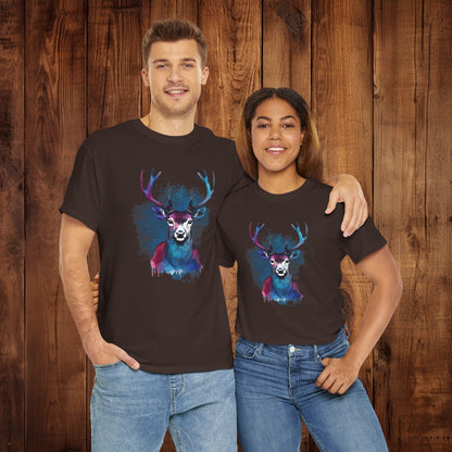 Watercolor Deer Artistic Tee, Nature Lover's T-shirt, Stylized Deer Head Shirt, Wildlife Graphic Tee, Vibrant Blue Purple Tee, Casual - EternalAscension