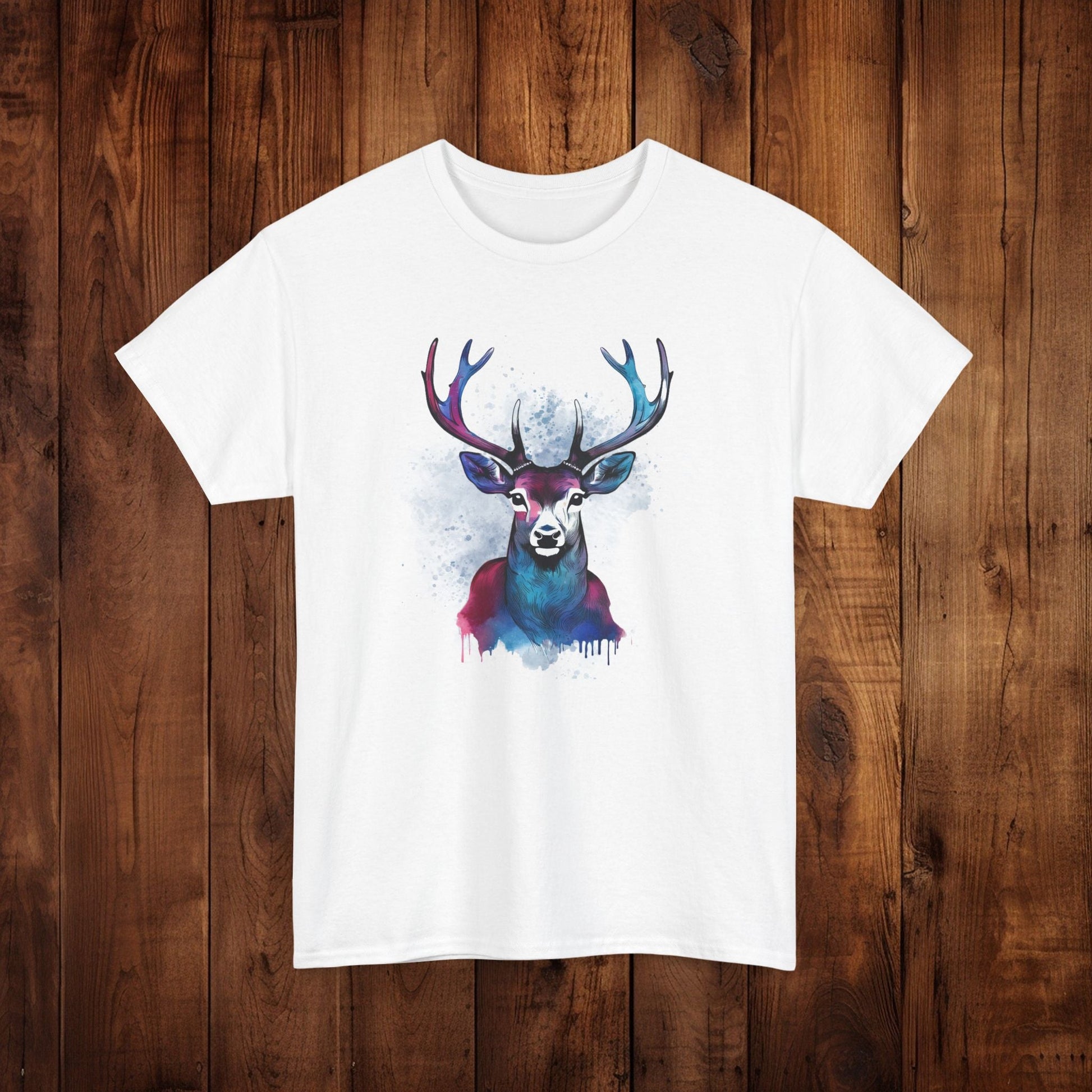 Watercolor Deer Artistic Tee, Nature Lover's T-shirt, Stylized Deer Head Shirt, Wildlife Graphic Tee, Vibrant Blue Purple Tee, Casual - EternalAscension