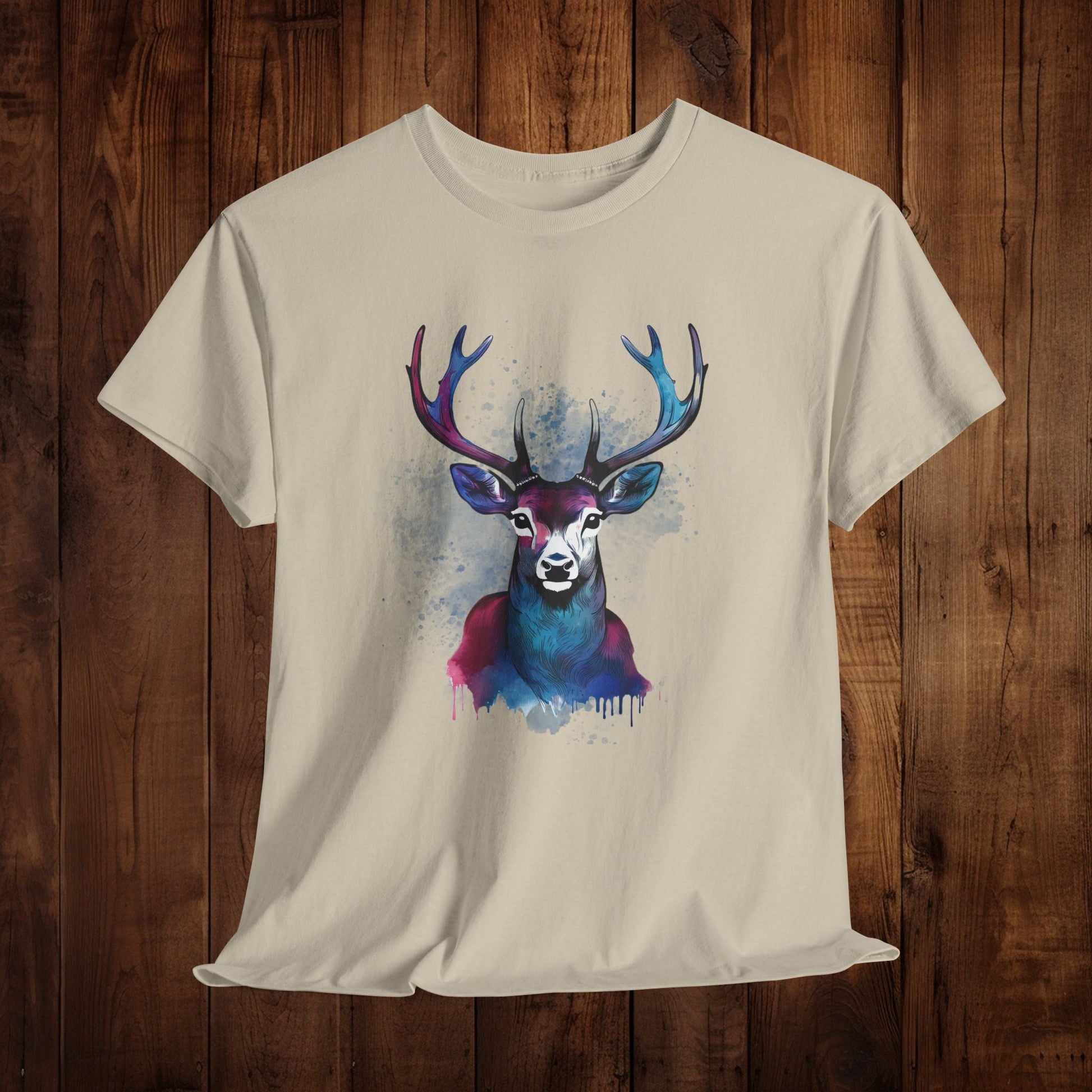 Watercolor Deer Artistic Tee, Nature Lover's T-shirt, Stylized Deer Head Shirt, Wildlife Graphic Tee, Vibrant Blue Purple Tee, Casual - EternalAscension
