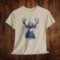 Watercolor Deer Artistic Tee, Nature Lover's T-shirt, Stylized Deer Head Shirt, Wildlife Graphic Tee, Vibrant Blue Purple Tee, Casual - EternalAscension