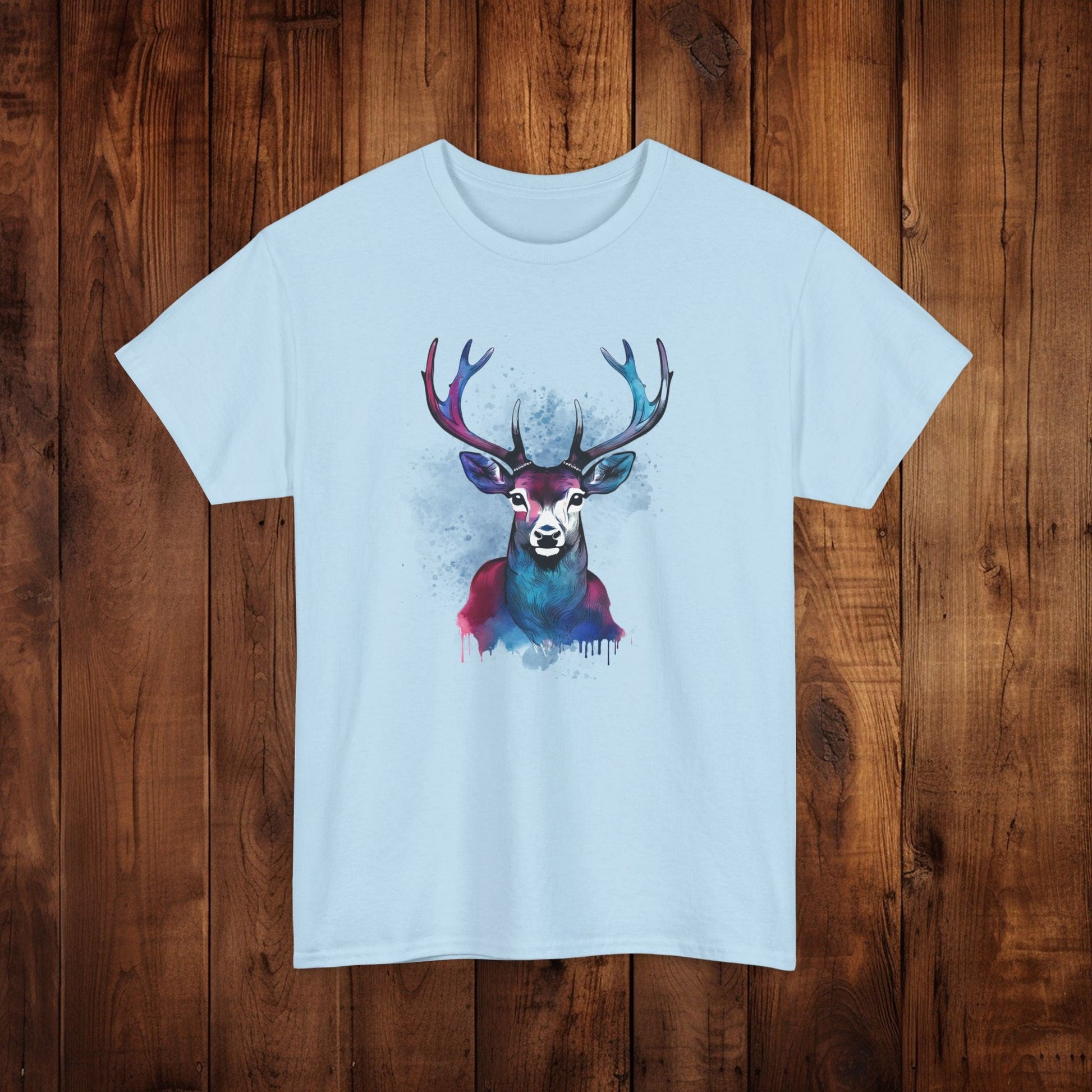 Watercolor Deer Artistic Tee, Nature Lover's T-shirt, Stylized Deer Head Shirt, Wildlife Graphic Tee, Vibrant Blue Purple Tee, Casual - EternalAscension