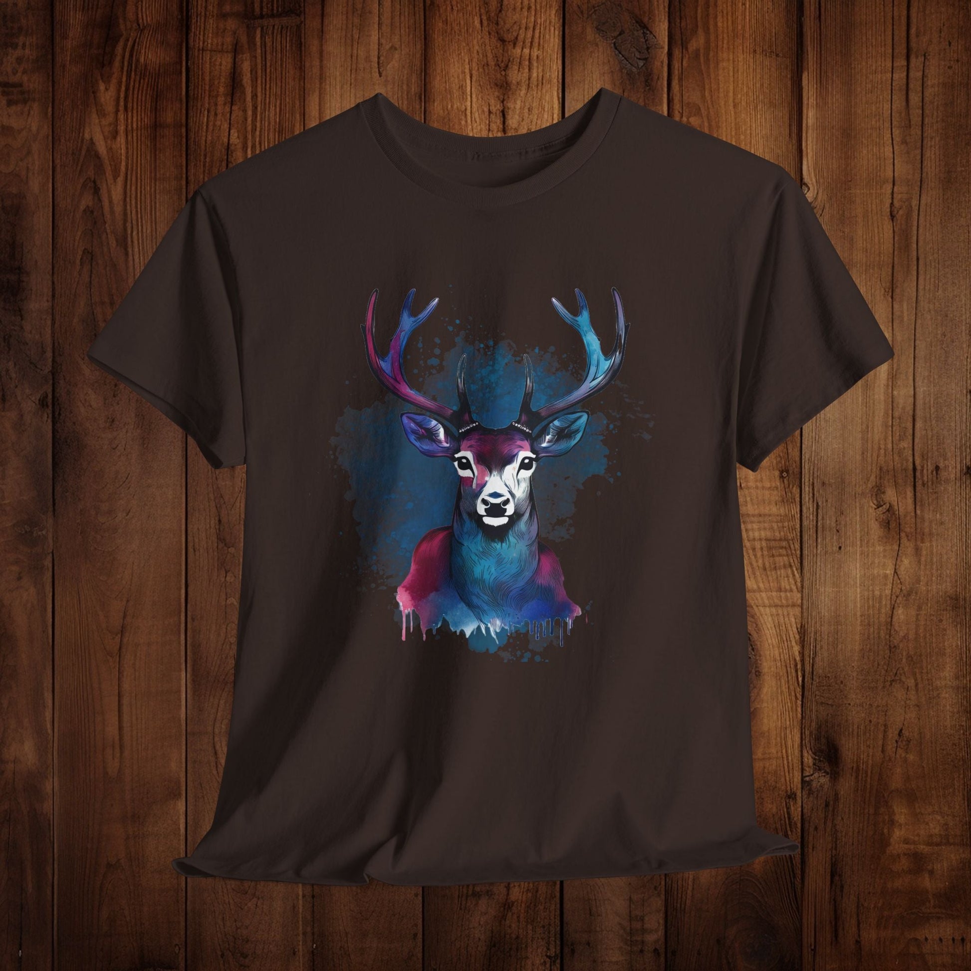 Watercolor Deer Artistic Tee, Nature Lover's T-shirt, Stylized Deer Head Shirt, Wildlife Graphic Tee, Vibrant Blue Purple Tee, Casual - EternalAscension