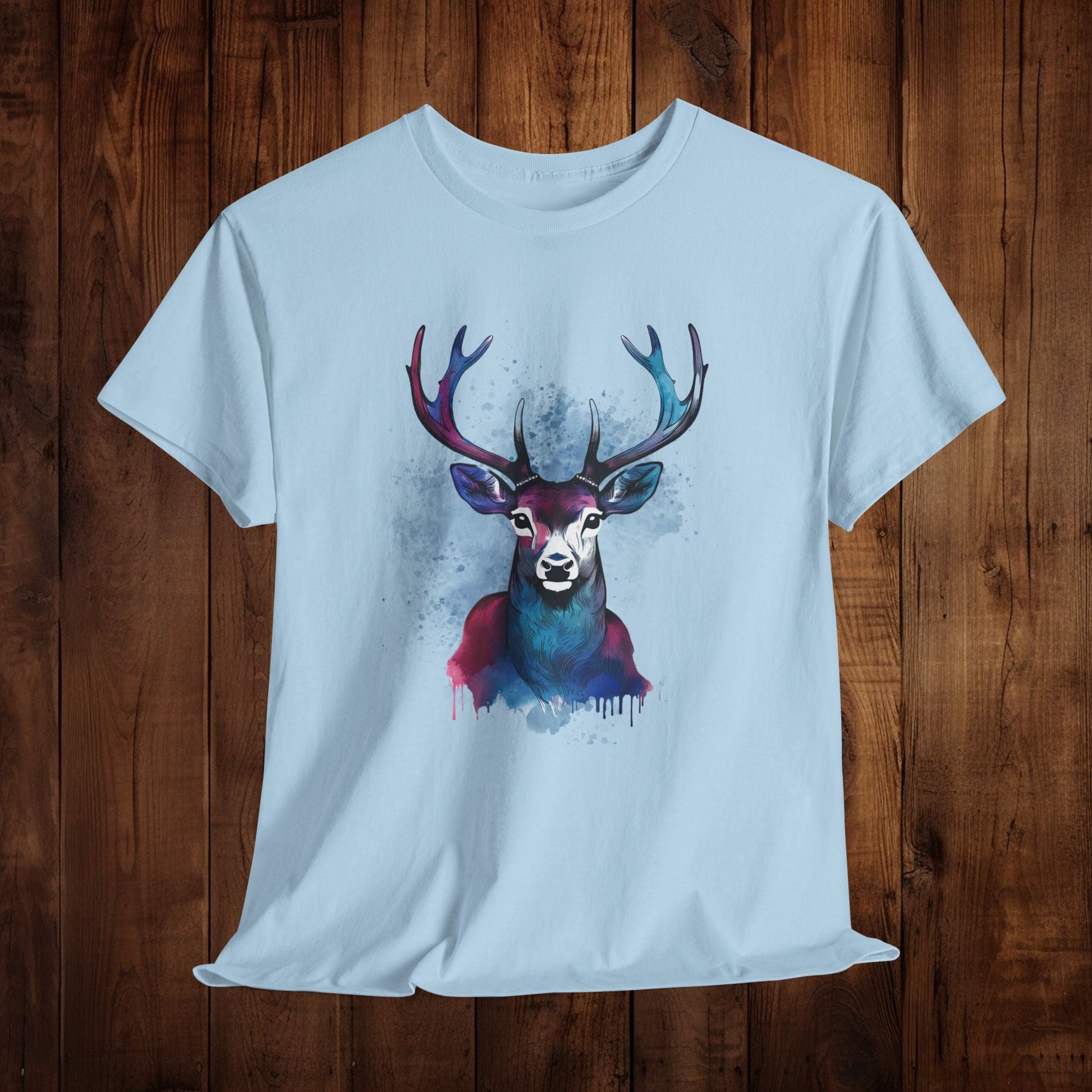 Watercolor Deer Artistic Tee, Nature Lover's T-shirt, Stylized Deer Head Shirt, Wildlife Graphic Tee, Vibrant Blue Purple Tee, Casual - EternalAscension