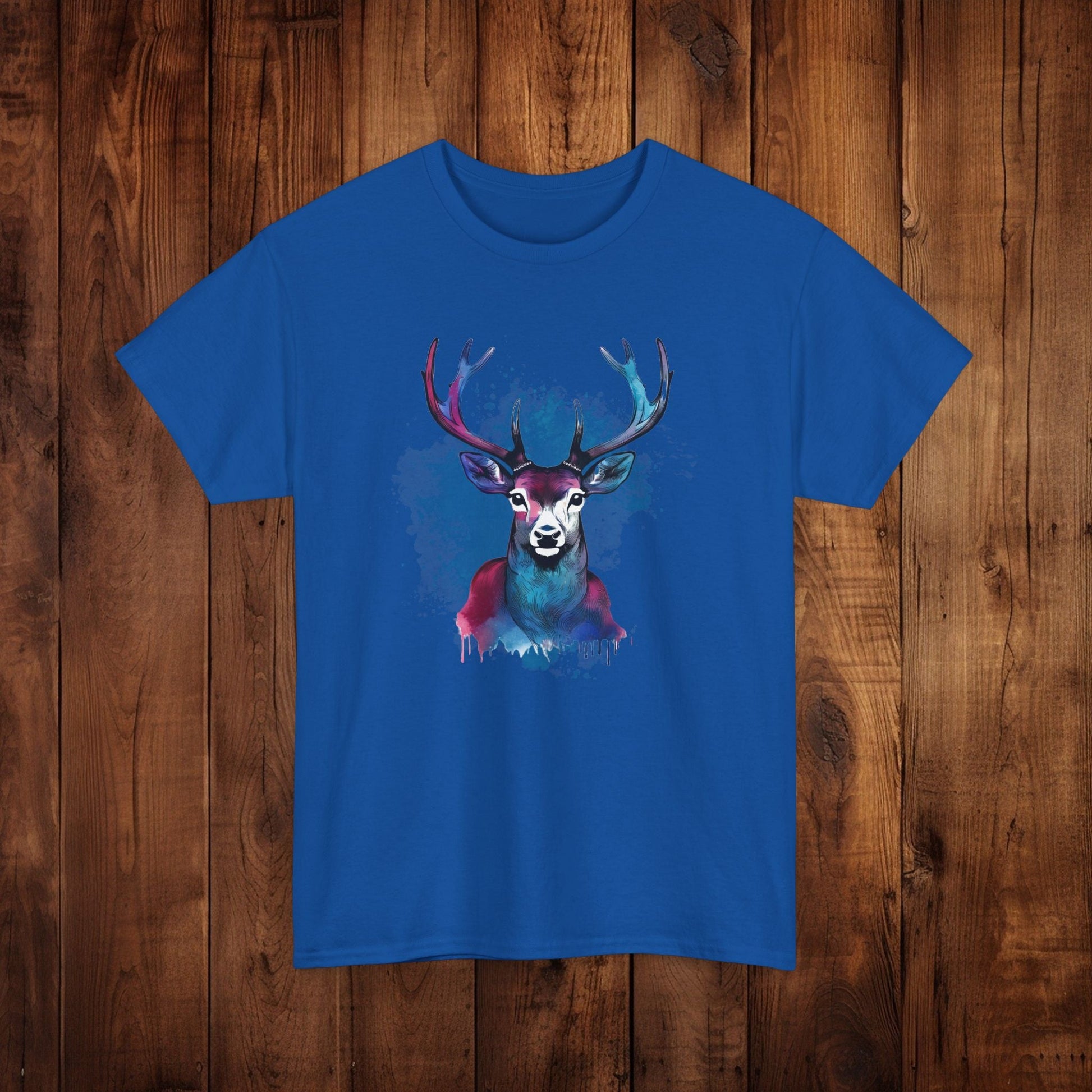 Watercolor Deer Artistic Tee, Nature Lover's T-shirt, Stylized Deer Head Shirt, Wildlife Graphic Tee, Vibrant Blue Purple Tee, Casual - EternalAscension