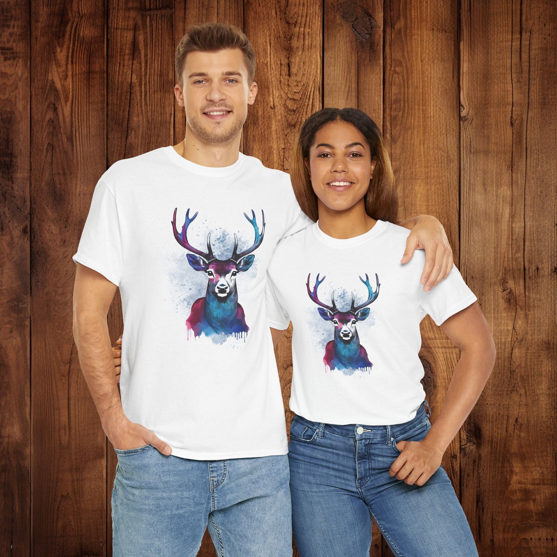 Watercolor Deer Artistic Tee, Nature Lover's T-shirt, Stylized Deer Head Shirt, Wildlife Graphic Tee, Vibrant Blue Purple Tee, Casual - EternalAscension