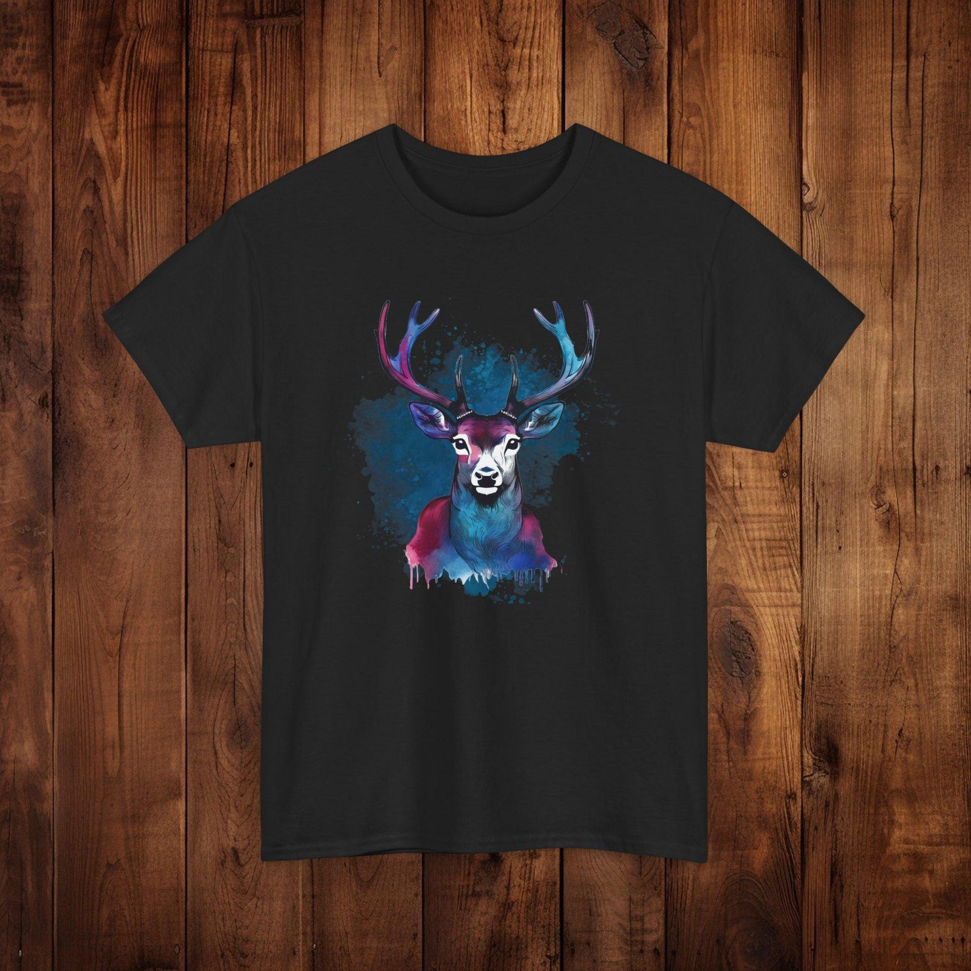 Watercolor Deer Artistic Tee, Nature Lover's T-shirt, Stylized Deer Head Shirt, Wildlife Graphic Tee, Vibrant Blue Purple Tee, Casual - EternalAscension