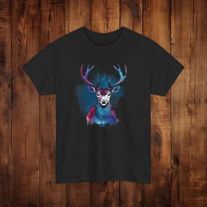 Watercolor Deer Artistic Tee, Nature Lover's T-shirt, Stylized Deer Head Shirt, Wildlife Graphic Tee, Vibrant Blue Purple Tee, Casual - EternalAscension