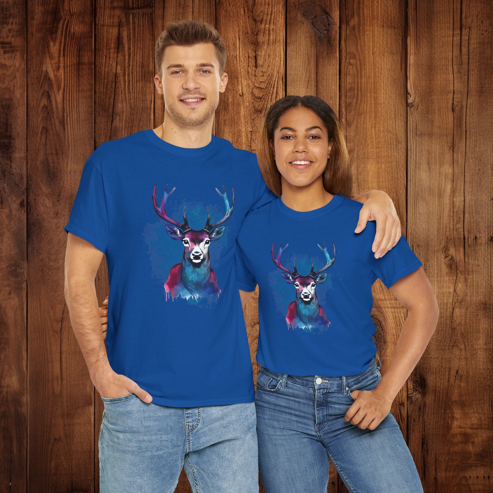 Watercolor Deer Artistic Tee, Nature Lover's T-shirt, Stylized Deer Head Shirt, Wildlife Graphic Tee, Vibrant Blue Purple Tee, Casual - EternalAscension