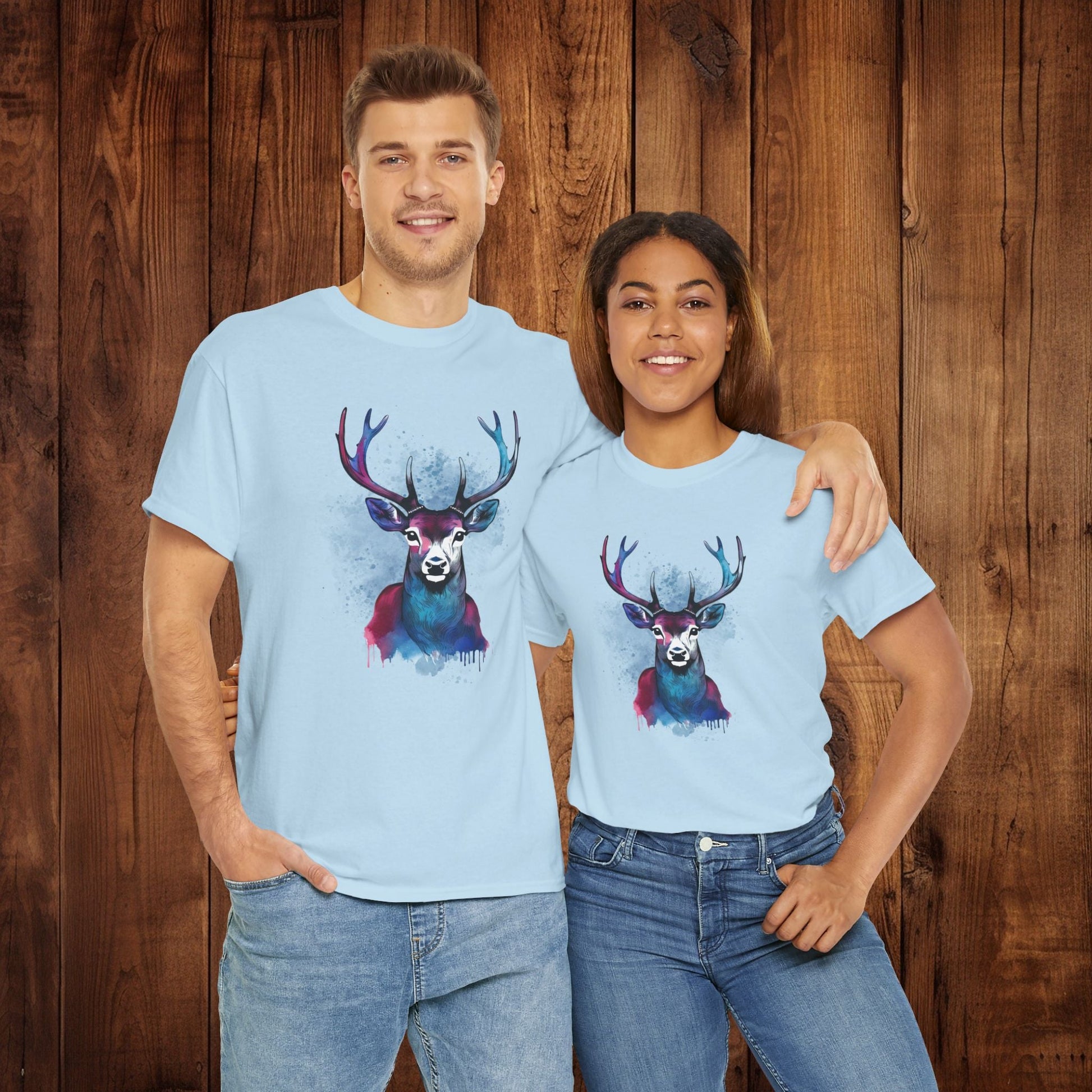 Watercolor Deer Artistic Tee, Nature Lover's T-shirt, Stylized Deer Head Shirt, Wildlife Graphic Tee, Vibrant Blue Purple Tee, Casual - EternalAscension