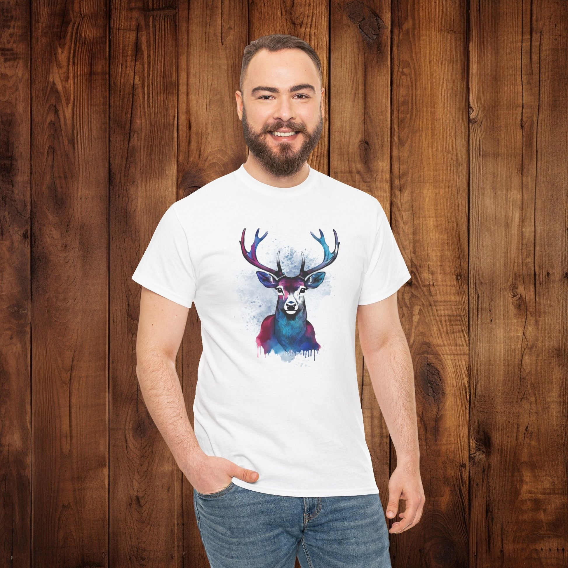 Watercolor Deer Artistic Tee, Nature Lover's T-shirt, Stylized Deer Head Shirt, Wildlife Graphic Tee, Vibrant Blue Purple Tee, Casual - EternalAscension