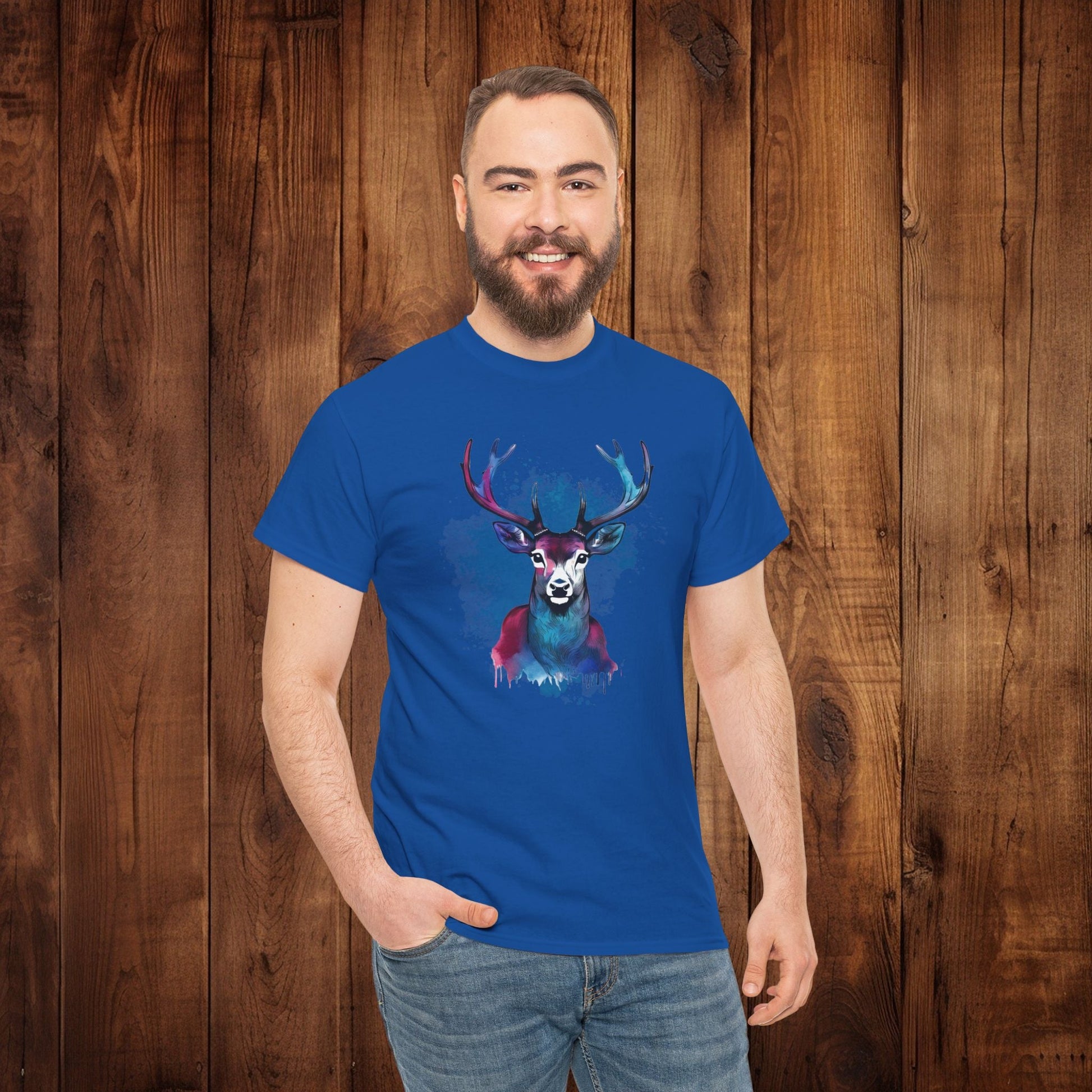 Watercolor Deer Artistic Tee, Nature Lover's T-shirt, Stylized Deer Head Shirt, Wildlife Graphic Tee, Vibrant Blue Purple Tee, Casual - EternalAscension