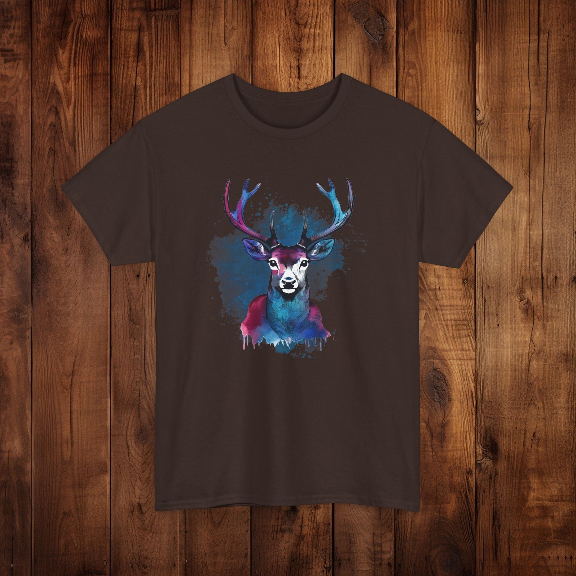 Watercolor Deer Artistic Tee, Nature Lover's T-shirt, Stylized Deer Head Shirt, Wildlife Graphic Tee, Vibrant Blue Purple Tee, Casual - EternalAscension